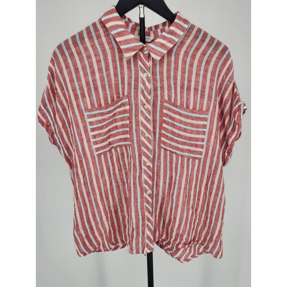 Lucky Brand Womens XL Red White Blue Striped Linen Blend Tie Back Button Up Top